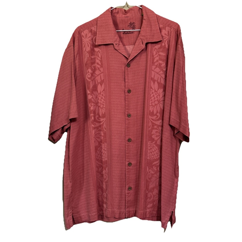 Tommy‎ Bahama XL 100% Silk Short Sleeve Button Up Shirt Pink Rosé Jacquard